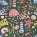 Sea Ã¢â¬â¹Ã¢â¬â¹travel lighthouse corals shells beach watercolor illustration hand drawn